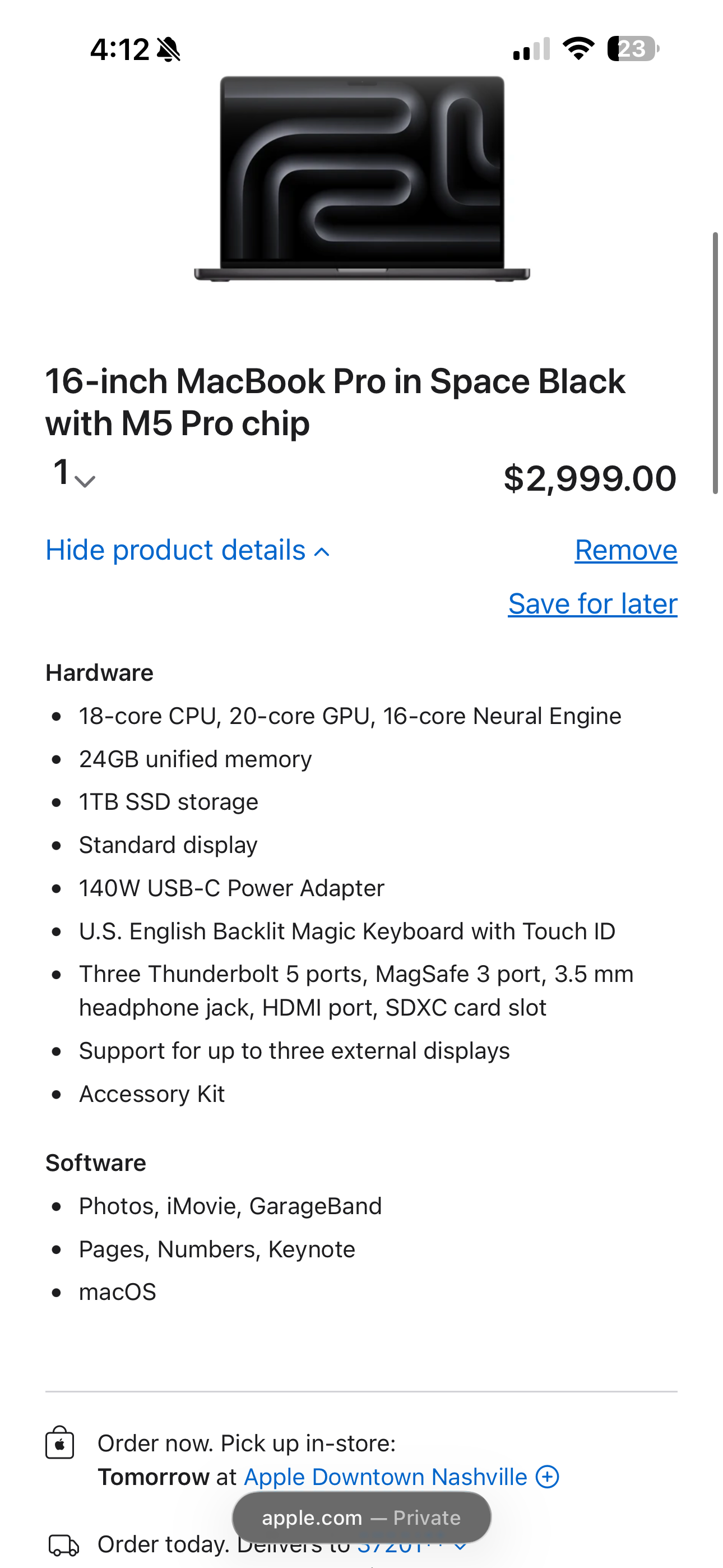 Macbook pro 2026 16” M5 24/1tb open box. Space black