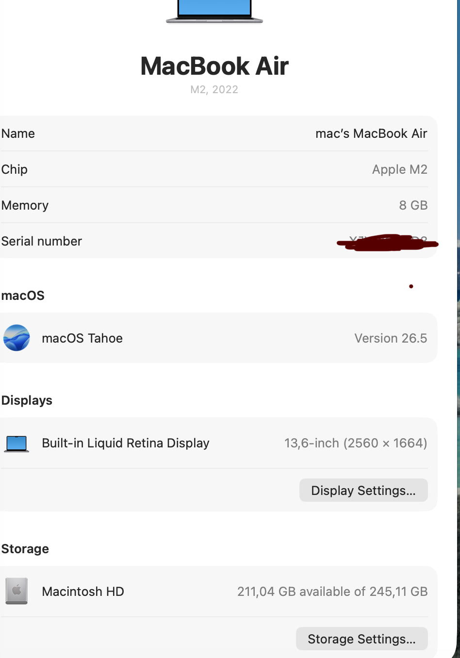 MacBook Air 13” M2/ 8gb ram/256 HD. Battery maximum capacity is %89