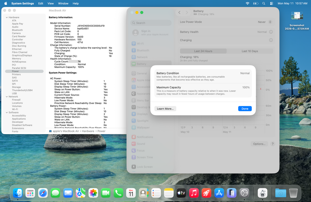 MacBook air M4 sky blue 16/256 with Apple warranty, eligible for apple care. 74 cycles